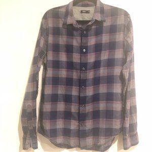 VINCE Navy Plaid Cotton Button Down Shirt Sz M
